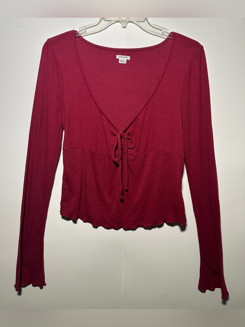 Kimchi Blue Burgundy Tie-Front Long Sleeve Crop Top